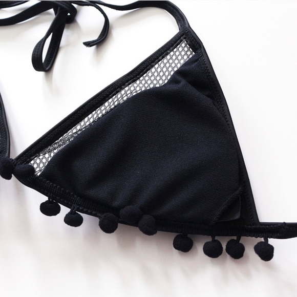 SOLD OUT Black Pompom Mesh High Waist Halter Bikini - Picture 4 of 6